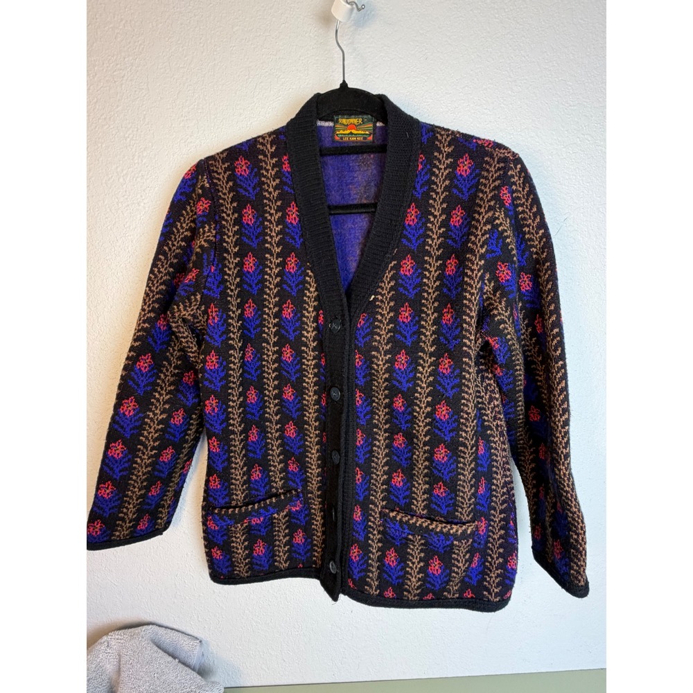 Sundowner Cardigan XL Black Floral Knit Good V-Neck Pockets Grandma Core 0818